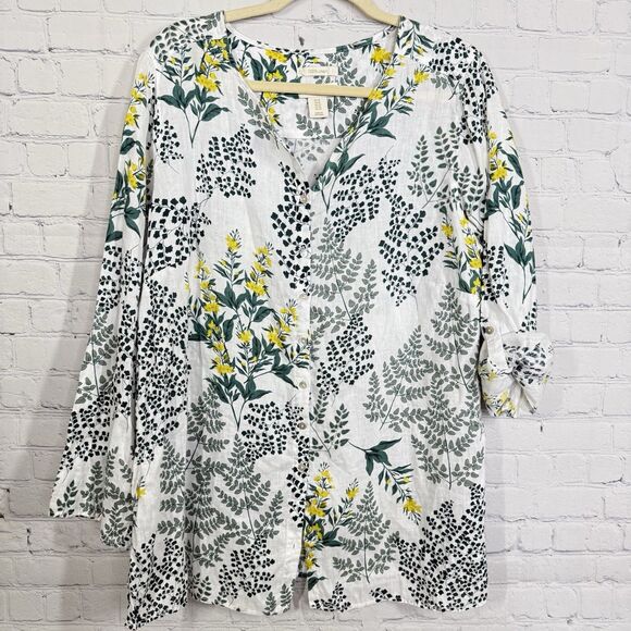Chinthya Rowley Linen Blouse Women Size Plus 1X Floral Artsy Roll Tab Sleeve Top - Picture 4 of 9